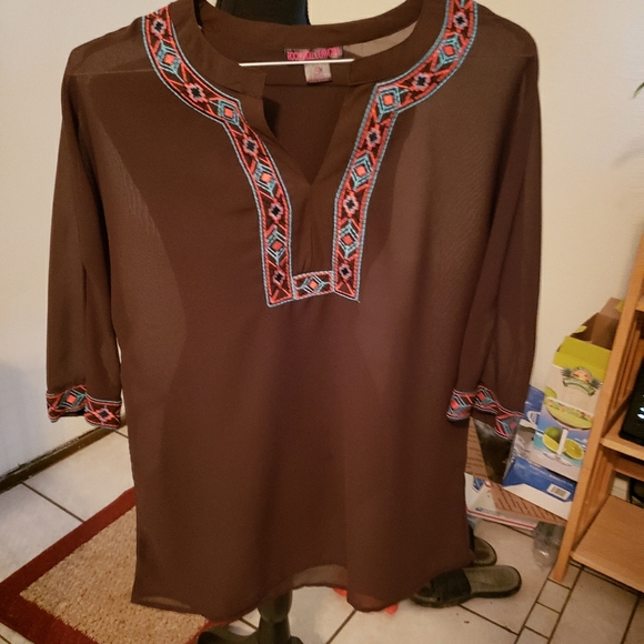 Brown sheer top with embroidered neck - Picture 1 of 4